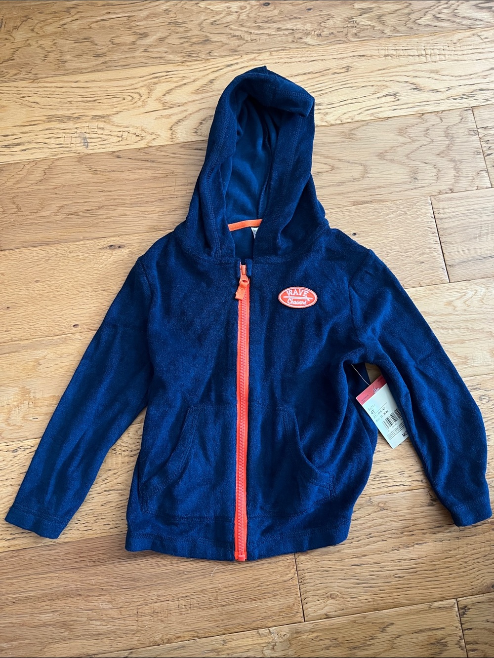 NWT - 4T - OSHKOSH - Navy Hooded Kids Zip Jacket with Orange Trim “Wave chasers”